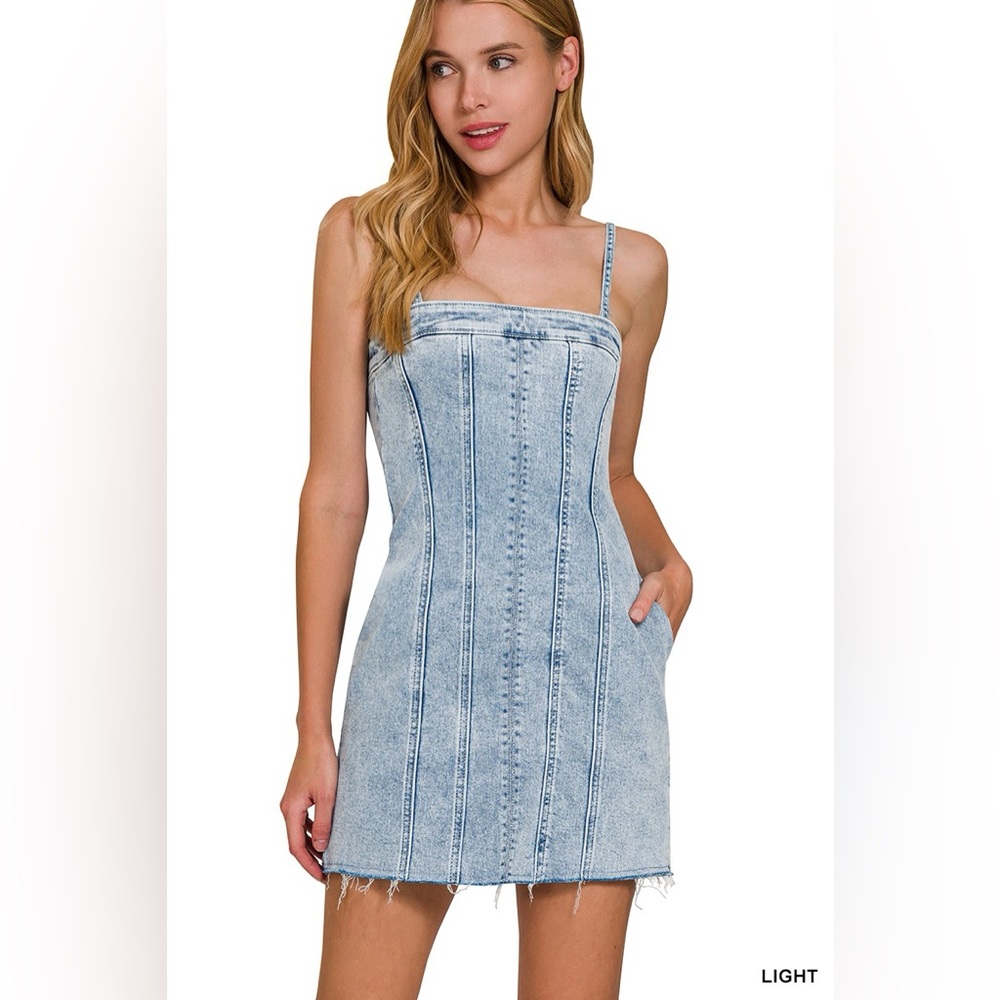 Zenana Spaghetti Strap Exposed Seam Light-Wash Dress